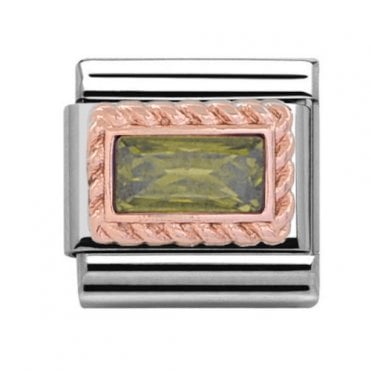 Silver with Rose Rectangular Peridot August Birthstone Charm
