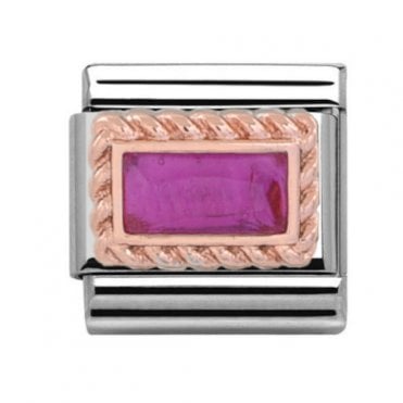 Silver with Rose Rectangular Ruby July Birthstone Charm