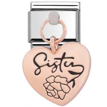 Silver with Rose Sister Heart Drop Charm