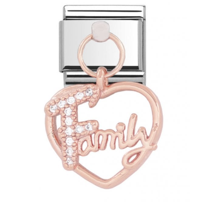 Charmlinks Silver with Rose Stone Set Family In Open Heart Drop Charm