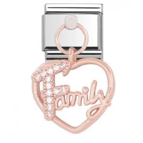 Silver with Rose Stone Set Family In Open Heart Drop Charm