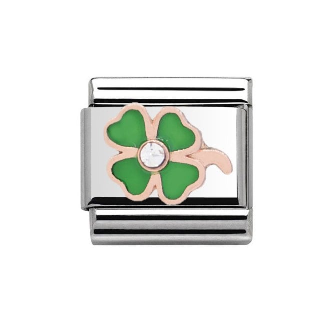 Charmlinks Silver with Rose Stone Set Green Four Leaf Clover Charm