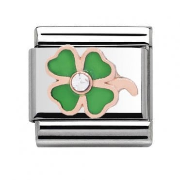 Silver with Rose Stone Set Green Four Leaf Clover Charm