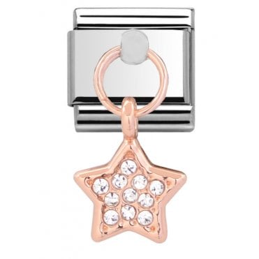 Silver with Rose Stone Set Star Drop Charm