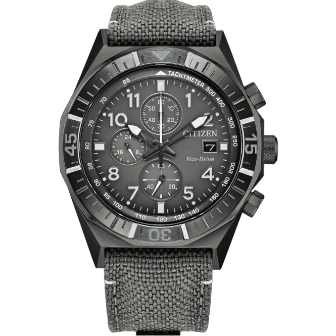 Citizen Eco-Drive Mens Nighthawk Chronograph (42mm) Grey Dial / Grey Nylon Strap Watch
CA0897-04H