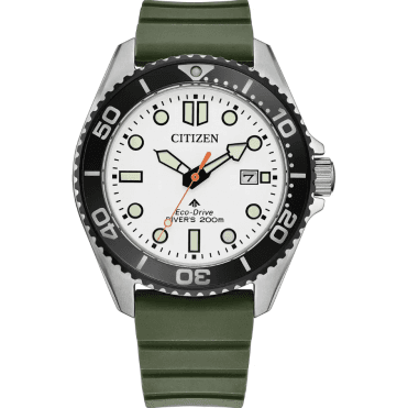 Citizen Eco-Drive Promaster Diver (41mm) White Dial / Green Rubber Strap Watch BN0265-00A