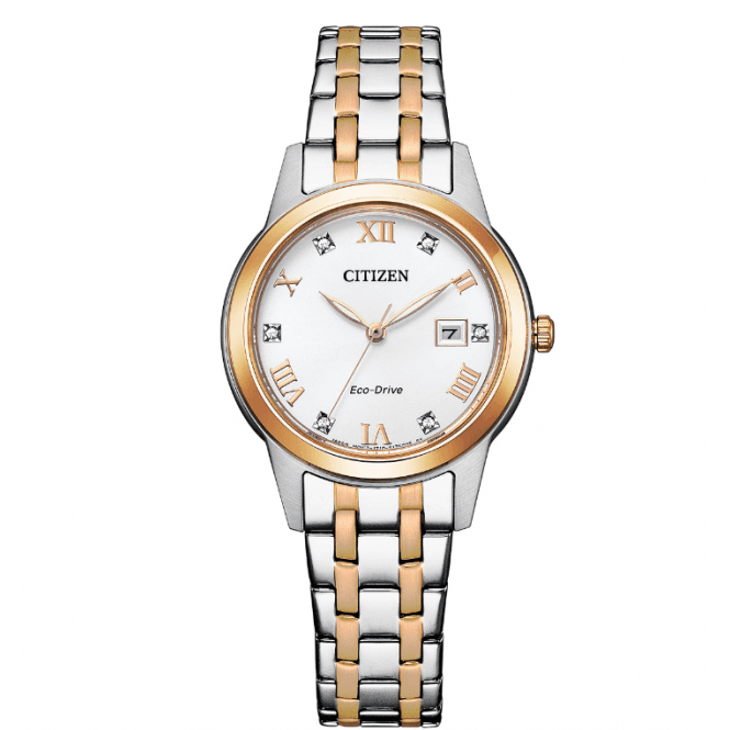 Citizen Ladies Eco Drive Ladies Silver Dial 2Colour Rose/Stainless Steel Bracelet Watch FE1246-85A