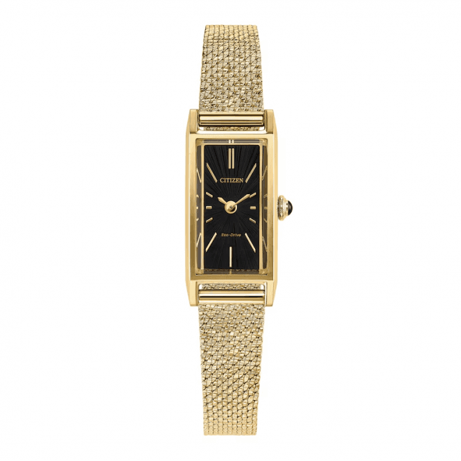 Citizen Ladies ECO DRIVE Rectangle Black Dial Gold Plated Mesh Bracelet Watch EG7128-59E
