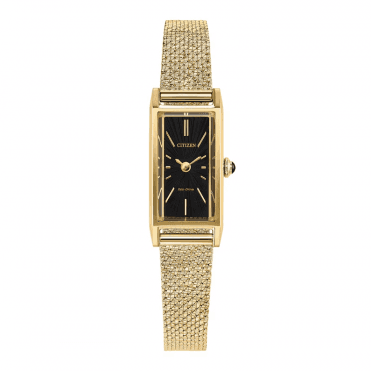 Ladies ECO DRIVE Rectangle Black Dial Gold Plated Mesh Bracelet Watch EG7128-59E