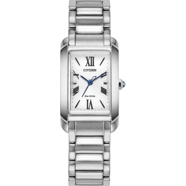 Ladies ECO DRIVE Rectangle White Dial Stainless Steel Fancy Bracelet Watch EW5620-55A