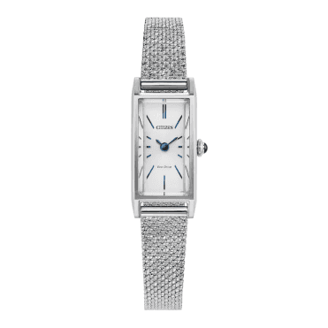 Ladies ECO DRIVE Rectangle White Dial Stainless Steel Mesh Bracelet Watch EG7120-51A