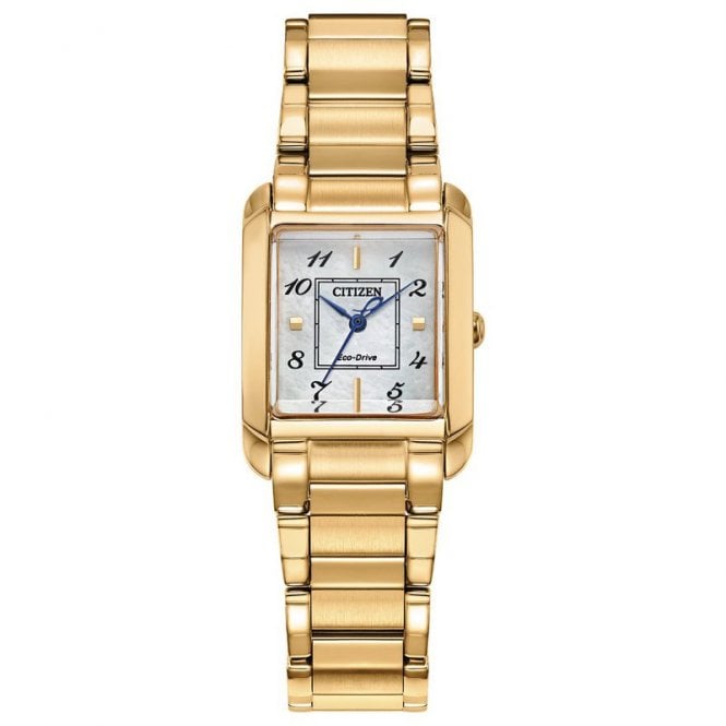 Citizen Ladies Eco Drive Rectangular White Dial Gold Plated Bracelet Watch EW5602-57D