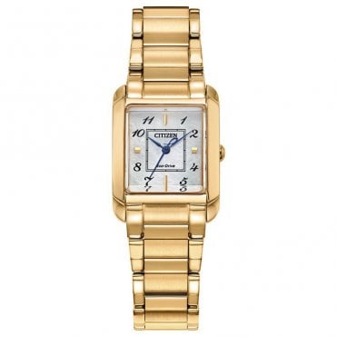 Ladies Eco Drive Rectangular White Dial Gold Plated Bracelet Watch EW5602-57D