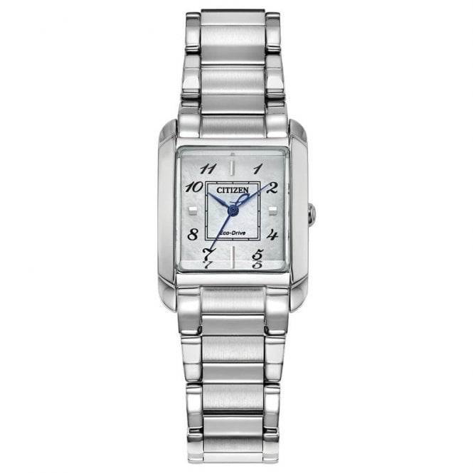 Citizen Ladies Eco Drive Rectangular White Dial Stainless Steel Bracelet Watch EW5600-52D