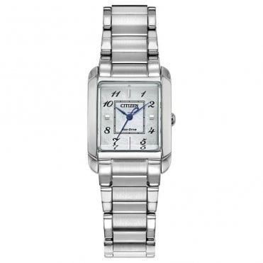 Ladies Eco Drive Rectangular White Dial Stainless Steel Bracelet Watch EW5600-52D