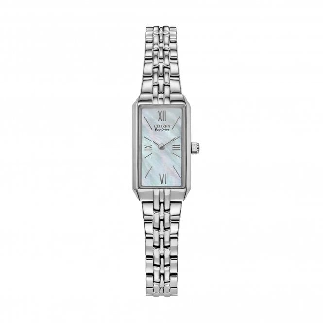 Citizen Ladies Eco-Drive Rectangular White Mother of Pearl Dial Stainless Steel Bracelet Watch EG2691-57D