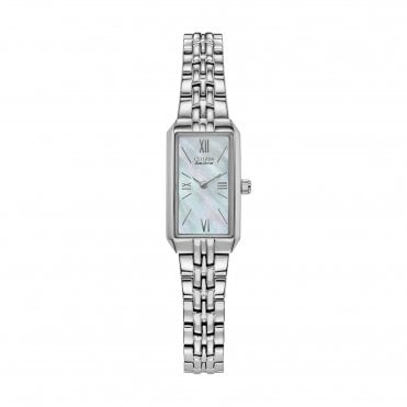 Ladies Eco-Drive Rectangular White Mother of Pearl Dial Stainless Steel Bracelet Watch EG2691-57D
