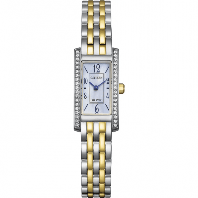 Citizen Ladies Eco-Drive Rectangular White Mother Of Pearl Dial Stone Set Bezel 2 Colour Bracelet Watch EG7114-53D