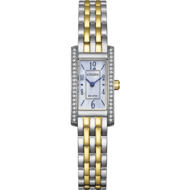 Ladies Eco-Drive Rectangular White Mother Of Pearl Dial Stone Set Bezel 2 Colour Bracelet Watch EG7114-53D