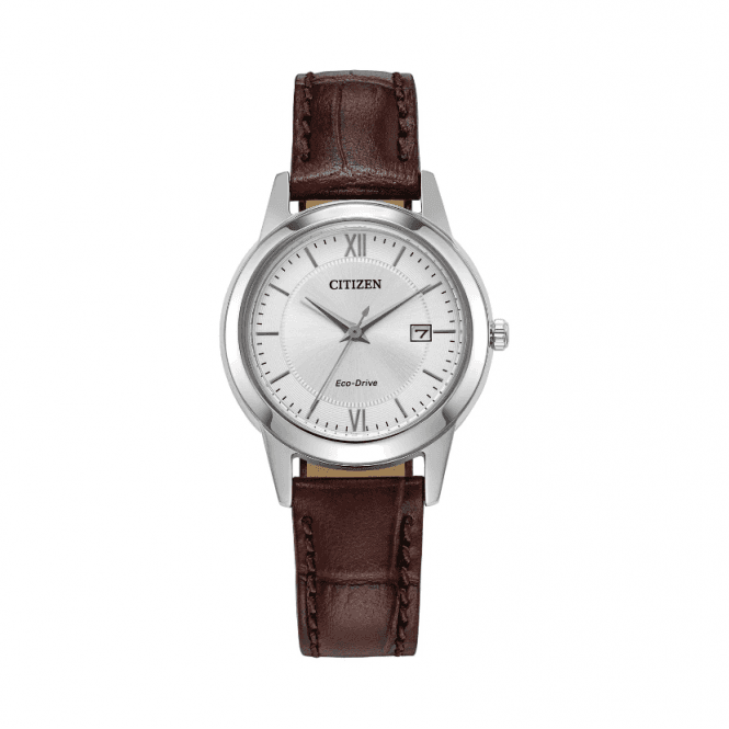 Citizen Ladies Eco Drive Round Silver Date Dial Brown Leather Strap Watch FE1087-28A