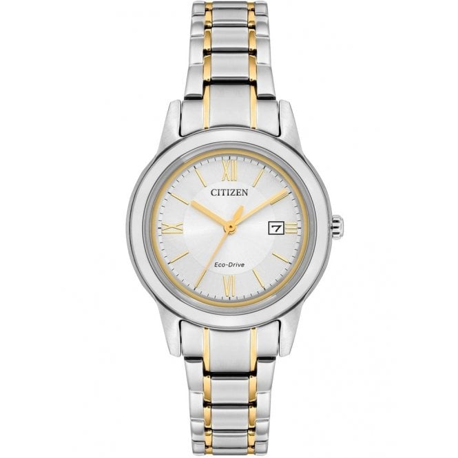 Citizen Ladies Eco-Drive Round White Date Dial 2 Colour Bracelet Watch FE1089-81B