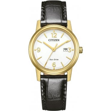 Ladies Eco Drive Round White Dial Black Strap Watch EW2722-01A