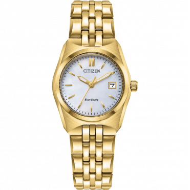 Ladies Eco-Drive Round White Mother Of Pearl Dial Gold Plated Bracelet Watch EW2293-56D