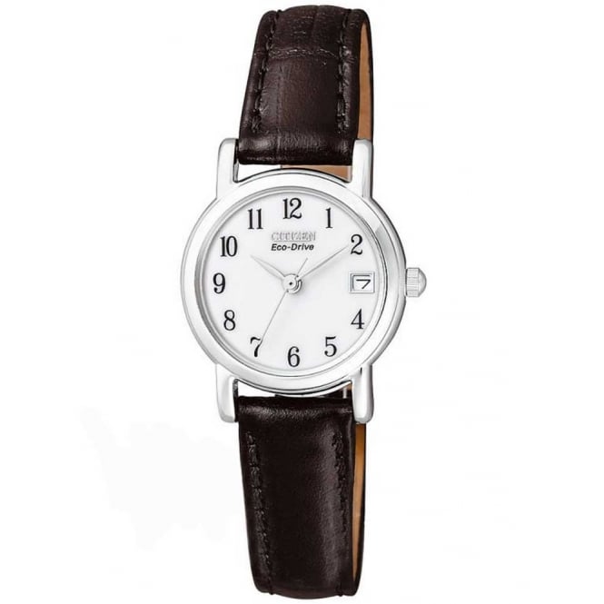 Citizen Ladies Eco-Drive White Dial Black Leather Strap Watch EW1270-06A