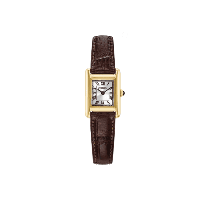 Citizen Ladies Fio Roma Eco-Drive Gold Rectangular Dial Brown Leather Strap Watch
EG2797-13A