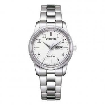 Ladies Round White Day/Date Dial Stainless Steel EW3261-57A