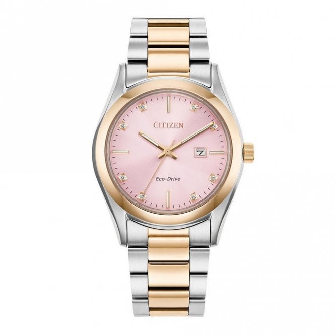 Citizen Ladies Sports Round Pink Dial 2 Colour Rose Bracelet Watch EW2706-58X