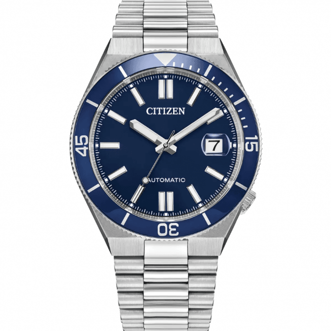 Citizen Mens AUTO TSOYOSA Round Navy Dial Blue Bezel Stainless Steel Bracelet Watch NJ0230-59L
