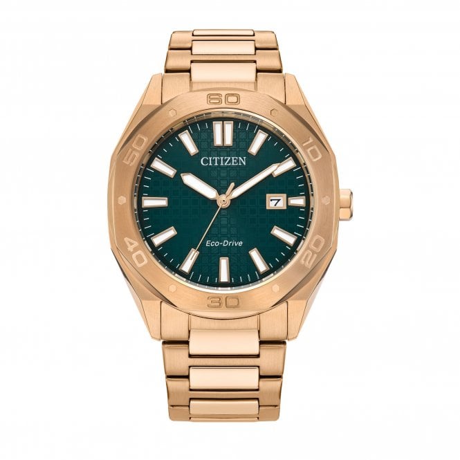 Citizen Mens Eco-Drive Green Date Dial Rose Plated Bracelet Watch BM7633-81X
