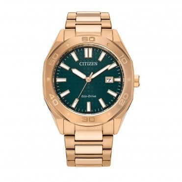 Mens Eco-Drive Green Date Dial Rose Plated Bracelet Watch BM7633-81X