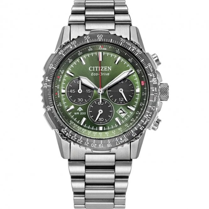 Citizen Mens Eco Drive Promaster Navihawk Round Green Chronograph Dial Stainless Steel Bracelet Watch CA4664-60W