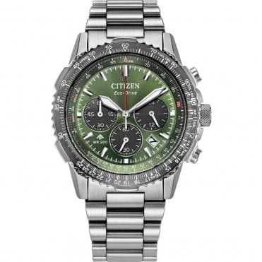 Mens Eco Drive Promaster Navihawk Round Green Chronograph Dial Stainless Steel Bracelet Watch CA4664-60W
