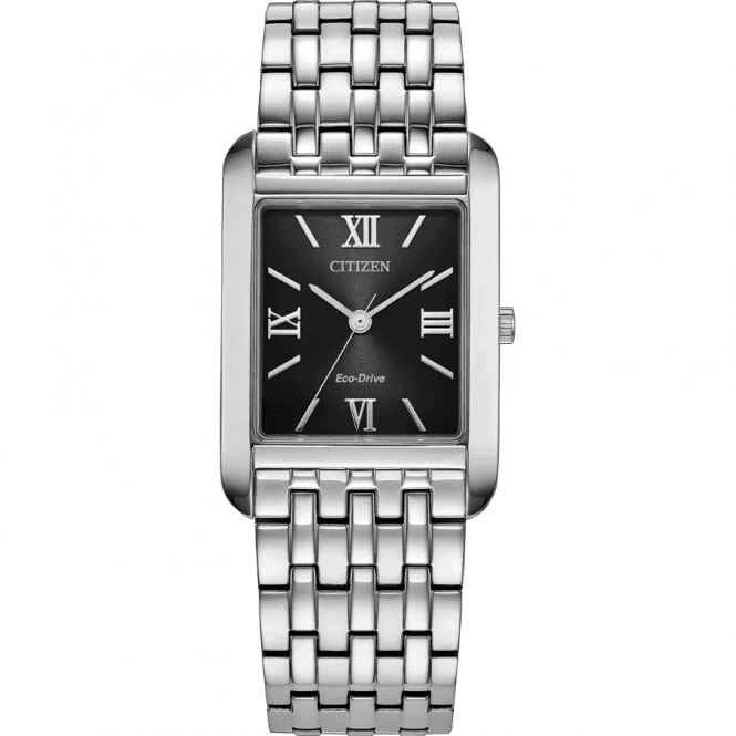Citizen Mens Eco Drive Rectangular Black Dial With Polished Stainless Steel Bracelet Watch BJ6570-50E
