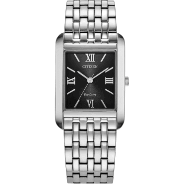 Mens Eco Drive Rectangular Black Dial With Polished Stainless Steel Bracelet Watch BJ6570-50E