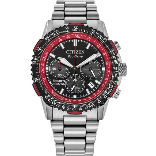 Citizen Mens Eco Drive Red Arrows Round Black Chronograph Dial Stainless Steel Bracelet Watch CA4666-56E