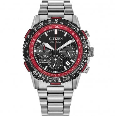 Mens Eco Drive Red Arrows Round Black Chronograph Dial Stainless Steel Bracelet Watch CA4666-56E