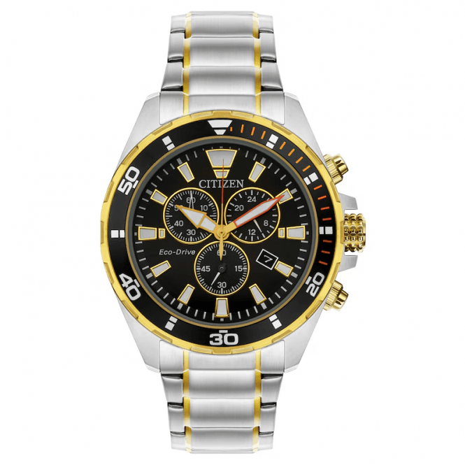Citizen Mens ECO DRIVE Round Black Chronograph Dial Two Colour Bracelet Watch AT2434-54E