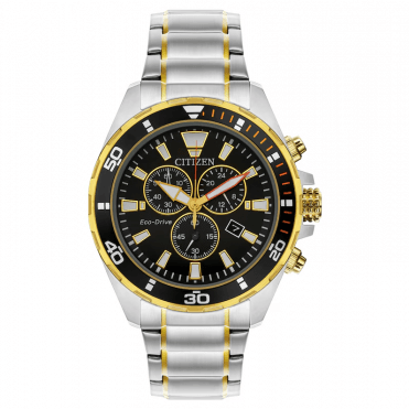 Mens ECO DRIVE Round Black Chronograph Dial Two Colour Bracelet Watch AT2434-54E