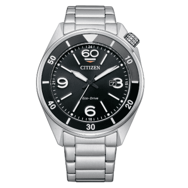 Mens Eco Drive Round Black Date Dial Black Bezel Stainless Steel Bracelet Watch AW1710-80E
