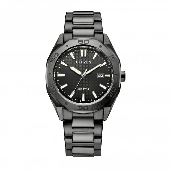 Citizen Mens Eco-Drive Round Black Date Dial Black Ion Plated Bracelet Watch BM7637-81H
