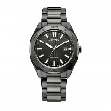 Mens Eco-Drive Round Black Date Dial Black Ion Plated Bracelet Watch BM7637-81H