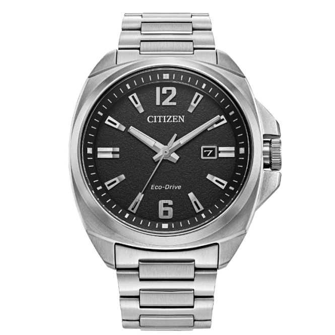 Citizen Mens Eco Drive Round Black Date Dial Cushion Case Stainless Steel Bracelet Watch AW1720-51E