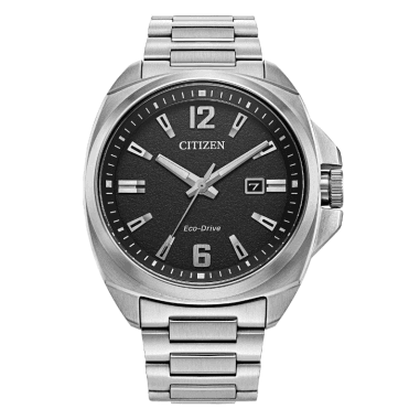 Mens Eco Drive Round Black Date Dial Cushion Case Stainless Steel Bracelet Watch AW1720-51E