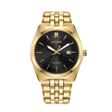 Mens Eco-Drive Round Black Date Dial Gold Plated Bracelet Watch BM7353-85E
