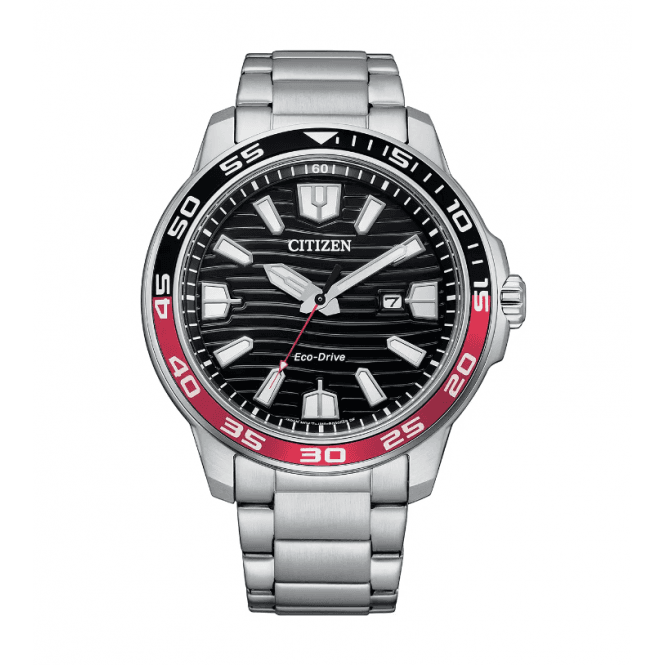 Citizen Mens Eco Drive Round Black Textured Design Date Dial Stainless Steel Bracelet Watch AW1527-86E