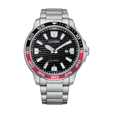 Mens Eco Drive Round Black Textured Design Date Dial Stainless Steel Bracelet Watch  AW1527-86E